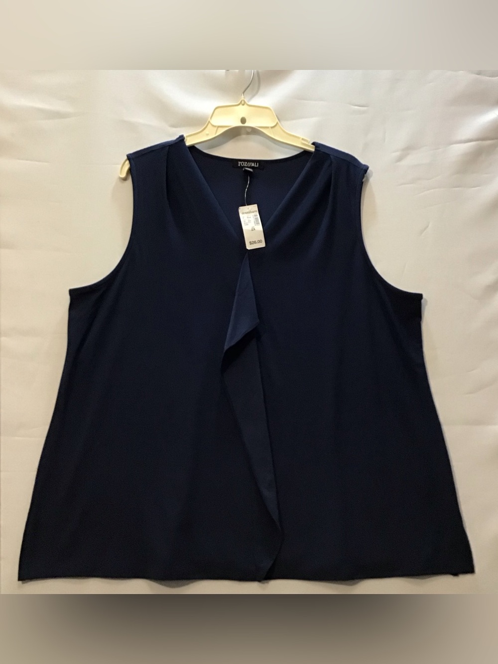 259 Roz & Ali Navy Sleeveless Draped Front V-Neck Blouse